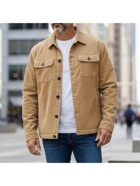 H&M Mens Small Tan Corduroy Shirt Jacket Quilted Lined Snap Front Workwear Coat